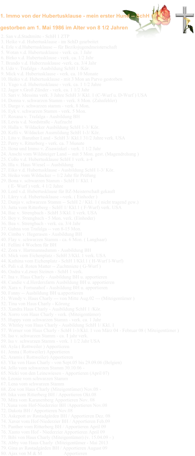1. Immo von der Hubertusklause - mein erster Hund -- SchH 1   gestorben am 1. Mai 1986 im Alter von 8 1/2 Jahren 2. San v.d.Stadtmitte - SchH 1 ZTP  3. Heike v.d. Hubertusklause - im SchD gearbeitet  4. Erle v.d.Hubertusklause -- für Beziksjugendmeisterschaft  5. Wotan v.d. Hubertusklause - verk. ca. 1 Jahr  6. Birko v.d. Hubertusklause - verk. ca. 1/2 Jahr  7. Brando v.d. Huberzusklause -verk. ca. 3/4 Jahr  8. Udo v. Trafalga - Ausbildung SchH 1 /Kör.  9. Mick v.d. Hubertusklause - verk. ca. 10 Monate  10. Heiko v.d. Hubertusklause - mit 3 Mon an Parvo gestorben  11. Yago v.d. Hubertusklause - verk. ca. 1 1/2 Jahre  12. Jagor v.Groß Zünder - verk. ca. 1 1/2 Jahr  13. Sari v. Messina verk. 3 Jahre SchH 3/ Kkl. 1 (C-Wurf u. D-Wurf ) USA  14. Donna v. schwarzen Stamm - verk. 8 Mon. (Zahnfehler)  15. Dargo v. schwarzen stamm - verk. 8 Mon.  16. Eyk v. schwarzen Stamm - verk. 5 Mon.  17. Roxana v. Trafalga - Ausbildung BH  18. Levis v.d. Nordstraße - Aufzucht  19. Halla v. Wildacker Ausbildung SchH 1-3/ Kör.  20. Kelli v. Wildacker Ausmildung SchH 1-3/ Kör.  21. Lito v. Baruther Land - SchH 3/ Kkl.1 31/2 Jahre verk. USA  22. Perry v. Ritterberg - verk. ca. 7 Monate  23. Ilona und Immo v. Zisawinkel - verk. 1 1/2 Jahr  24. Anschi vom Wildsteiger Land -- mit 5 Mon. gest. (Magendrehung )  25. Collo v.d. Hubertusklause SchH 1 verk. a-4  26. Illa v. Haus Wiesel -- Ausbildung  27. Eiko v.d. Hubertusklause - Ausbildung SchH 1-3/ Kör.  28. Heiko vom Wildacker -- 1/2 Jahr für Prüfung  29. Bona v. schwarzen Stamm - SchH 1/ Kkl. 1        ( E- Wurf ) verk. 4 1/2 Jahre  30. Lord v.d. Hubertusklause für BZ-Meisterschaft gekauft  31. Lärry v.d. Hubertusklause --verk. ( Einhoder )  32. Dunja v. schwarzen Stamm -- SchH 2 / Kkl. 1 ( nicht tragend gew.)  33. Jutta vom Ritterberg - SchH 1/ Kkl.1 ( F-Wurf) verk. USA  34. Bac v. Strengbach - SchH 3/Kkl. 1 verk. USA  35. Boy v. Strengbach - 5 Mon. verk. (Einhoder)  36. Bea v. Strengbach - verk. ca. 3/4 Jahr  37. Gahna von Trafalga -- von 8-15 Mon.  39. Cimba v. Hegerasen - Ausbildung BH  40. Flay v. schwarzen Stamm - ca. 6 Mon. ( Langhaar)  41. Fellini 4 Wochen für BH  42. Zora v. Hartmannsdamm - Ausbildung BH  43. Mick vom Eichenplatz - SchH 3/Kkl. 1 verk. USA  44. Kathina vom Eichenplatz - SchH 1/Kkl.1 ( H-Wurf I-Wurf)  45. Pali v.d. Roten Matter -- Zuchtmiete ( G-Wurf )  46. Ondra v.d.zwei Steinen - SchH 1 verk.  47. Ina v. Haus Charly - Ausbildung BH u. apportieren  48. Candie v.d.Herdersfarm Ausbildung BH u. apportieren  49. Xara v. Fortunahof - Ausbildung BH u. apportieren  50. Fanny -- Ausbildung BH u.apportieren  51. Wendy v. Haus Charly --- von Mitte Aug.02 --- (Miteigentümer )  52. Tina von Haus Charly - Körung  53. Xandra Haus Charly - Ausbildung SchH 1 /Kör.  54. Xorro von Haus Charly - verk. (Miteigentümer)  55. Huppy vom schwarzen Stamm - verk. ca. 1 Jahr  56. Whitley von Haus Charly - Ausbildung SchH 1/ Kkl. 1  57. Werner von Haus Charly - SchH 1-3/Kkl. 1 von März 04 - Februar 08 ( Miteigentümer )  58. Iso v. schwarzen Stamm - ca. 1 jahr verk.  59. Isa v. schwarzen Stamm - verk. 1 1/2 Jahr USA  60. Ayla ( Rottweiler ) Apportieren  61. Jenna ( Rottweiler) Apportieren  62. Aramis ( Rottweiler) Apportieren  63. Yke von Haus Charly - von Sept.05 bis 29.09.06 (Belgien)  64. Jello vom schwarzen Stamm 30.10.06 -  65. Nicki von den Leinewiesen - Apportieren (April 07)  66. Leonie vom schwarzen Stamm  67. Lena vom schwarzen Stamm  68. Zoe von Haus Charly (Miteigentümer) Nov.08 -  69. Iska vom Ritterberg BH / Apportieren Okt.08  70. Mira vom Karanenberg Apportieren Nov. 08  71.Xuna vom Hof-Niederzier BH /Apportieren Nov.08  72. Dakota BH / Apportieren Nov.08  73. Askepott av Røstadgården BH / Apportieren Dez. 08  74. Xaver vom Hof-Niederzier BH / Apportieren Feb.09  75. Panther vom Ritterberg BH / Apportieren April 09  76. Xanto vom Hof - Niederzier Apportieren April 09  77. Bibi von Haus Charly (Miteigentümer) (v. 15.04.09 - )  78. Abby von Haus Charly  (Miteigentümer - Mai 2013    79. Gina av Røstadgården BH / Apportieren August 09  80. Ajax von M & M                  Apportieren